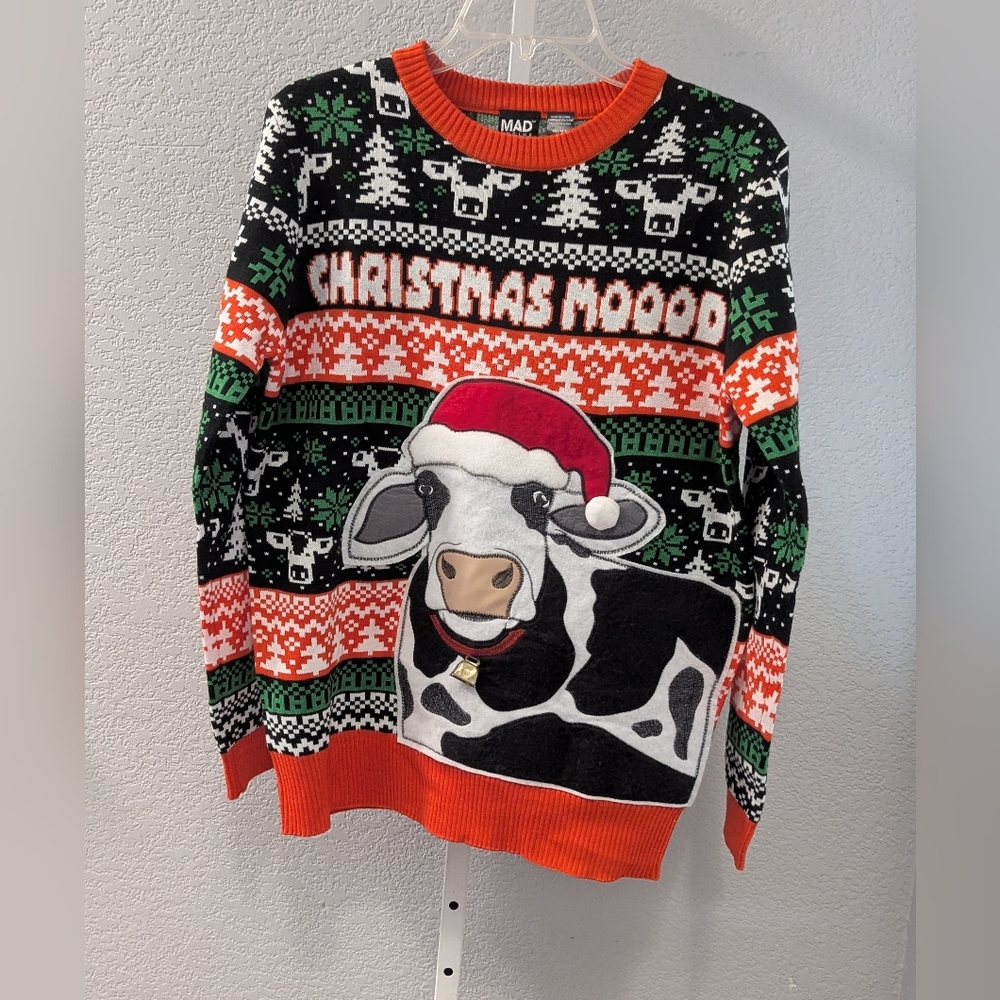 Christmas Mood Cow Santa Hat Ugly Christmas Sweater Holiday Festive MEDIUM